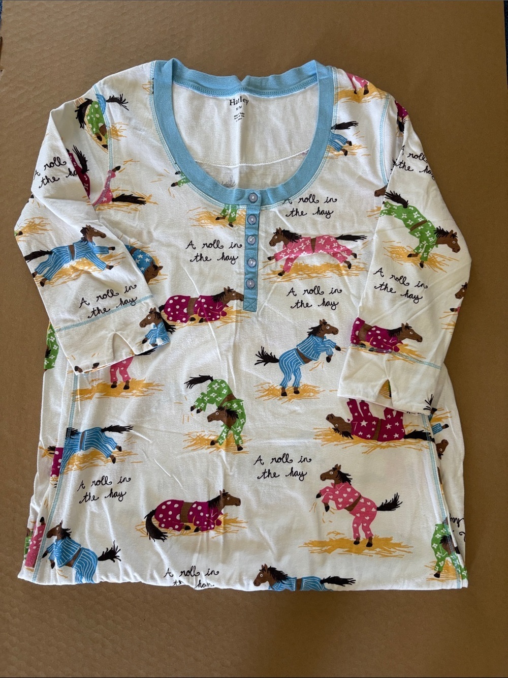 Hatley White Horse-Print Henley Pajama Nightgown with Light Blue Trim